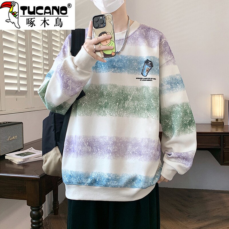 啄木鸟美式可乐杯彩条纹卫衣男春秋季新款印花圆领长袖青少年t恤