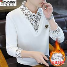 啄木鸟加绒加厚假两件长袖T恤男士秋冬衬衫领卫衣韩版潮牌打底衫