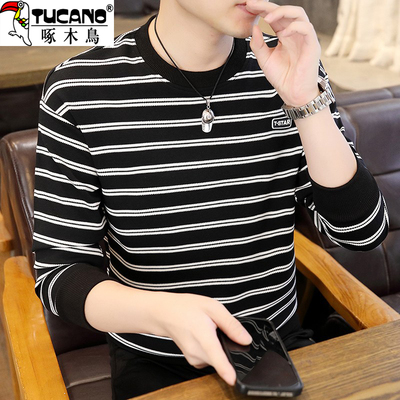 啄木鸟2025新款秋冬条纹圆领长袖t恤男士时尚卫衣青年打底衫内搭