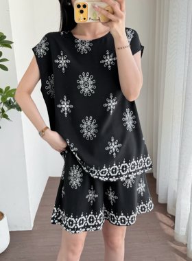 夏季棉绸印花显瘦女背心短裤套装
