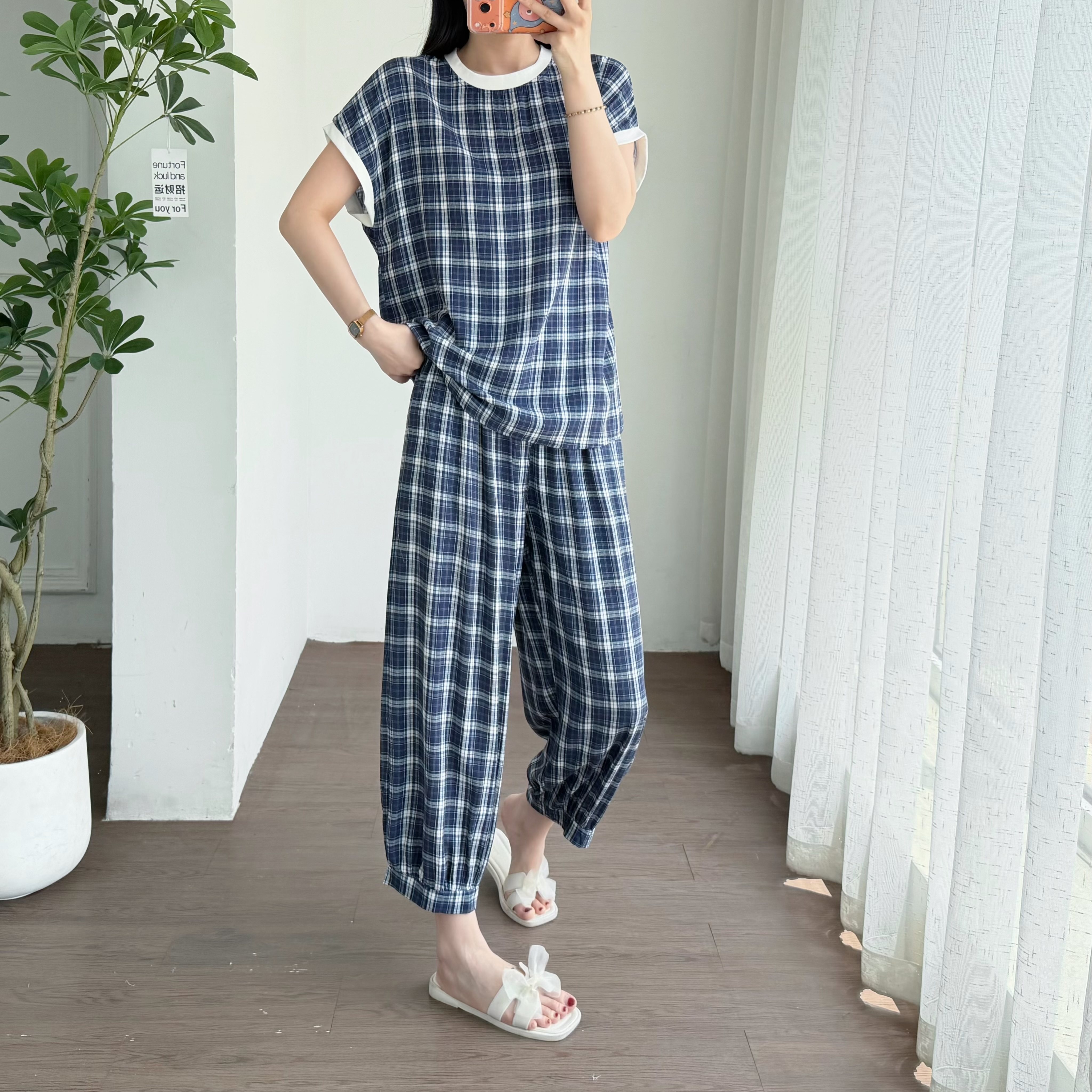 蝙蝠衫棉绸短袖八分裤套装女夏季薄款新款休闲T恤人造棉两件套