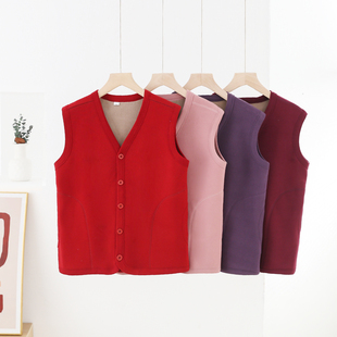 内搭坎肩上衣加绒中老年 保暖背心修身 V领纽扣开衫 德绒马甲女无袖