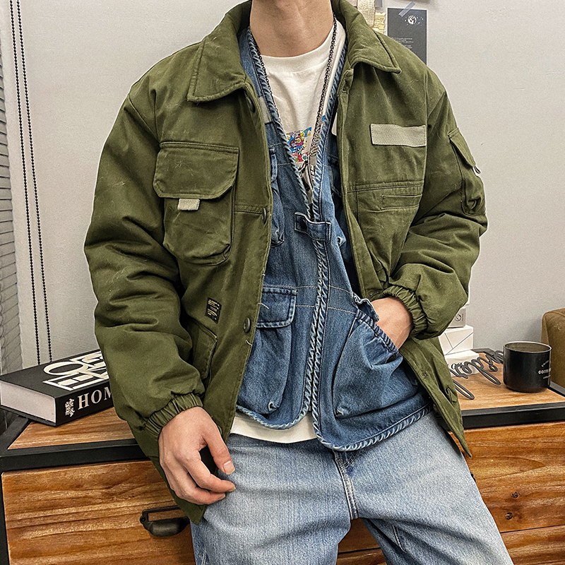 石头家 长袖工装春秋夹克 日系多口袋复古外套 纯色男款 六叔男士
