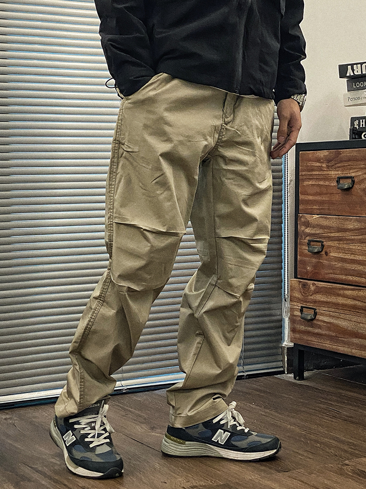 春夏纯色微弹工装宽松通勤长裤 男士休闲折痕长裤 潮流复古抽绳