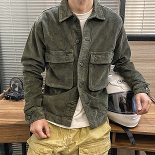 石头家 春季新款条绒灯心绒美式 六叔装薄款外套夹克复古机车衬衫