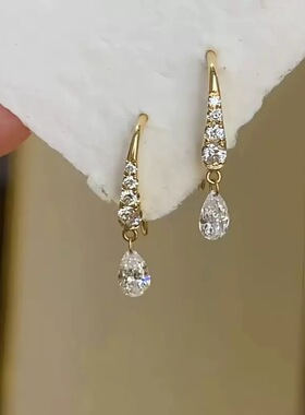 法式水滴锆石流苏耳钩~S925纯银镀18K金超闪轻奢高级感耳环耳钉女