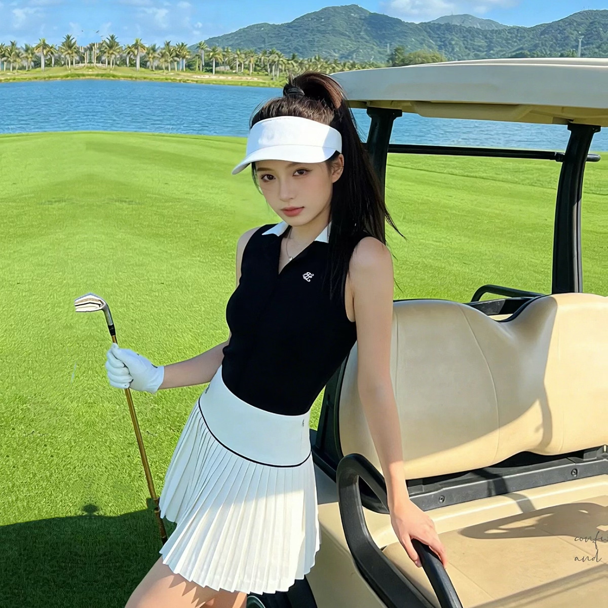 韩版高尔夫球服女套装 夏季运动POLO无袖上衣百褶裙网球羽毛球