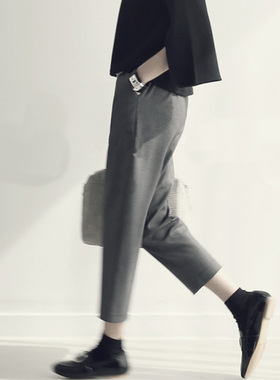 灰色高腰显瘦哈伦裤女萝卜裤九分裤宽松显瘦锥形裤韩版休闲西装裤