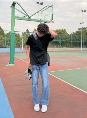 ZLAYCO闪电纹冰丝蓝美式高街百搭显瘦夏微喇男Pansk同版型牛仔裤