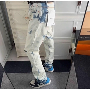 美式高街网红purple新款蓝白泼墨破洞牛仔裤男百搭修身休闲长裤潮