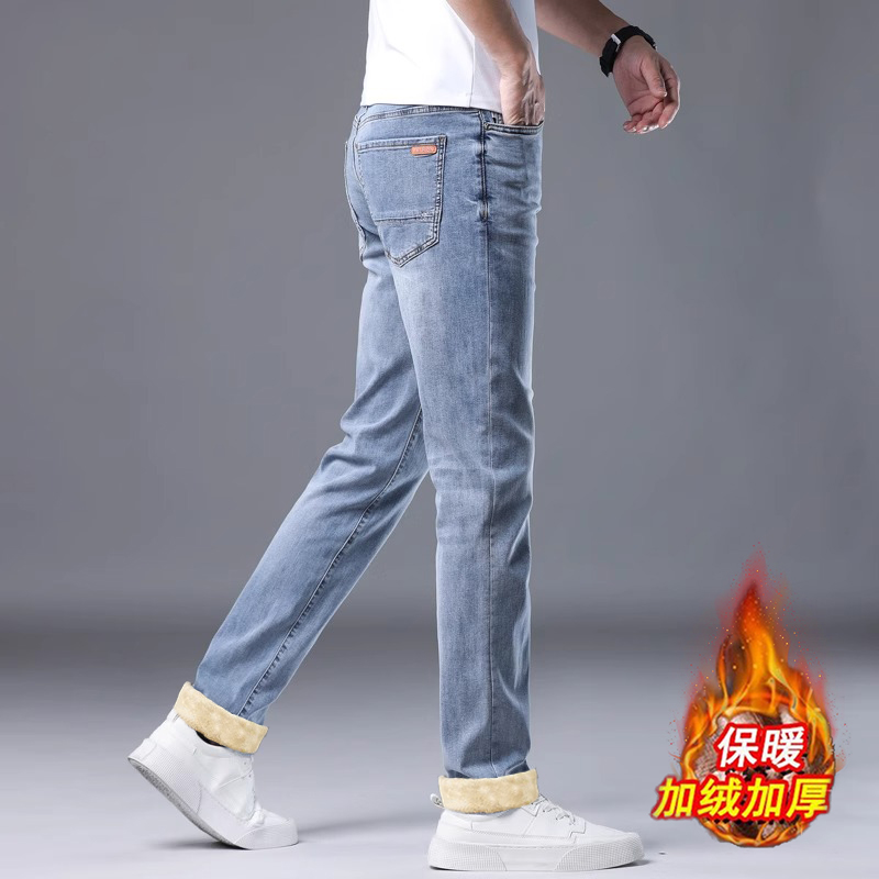 广州新塘浅色牛仔裤男2025新款修身小脚裤子冬季厚款潮流长裤男款