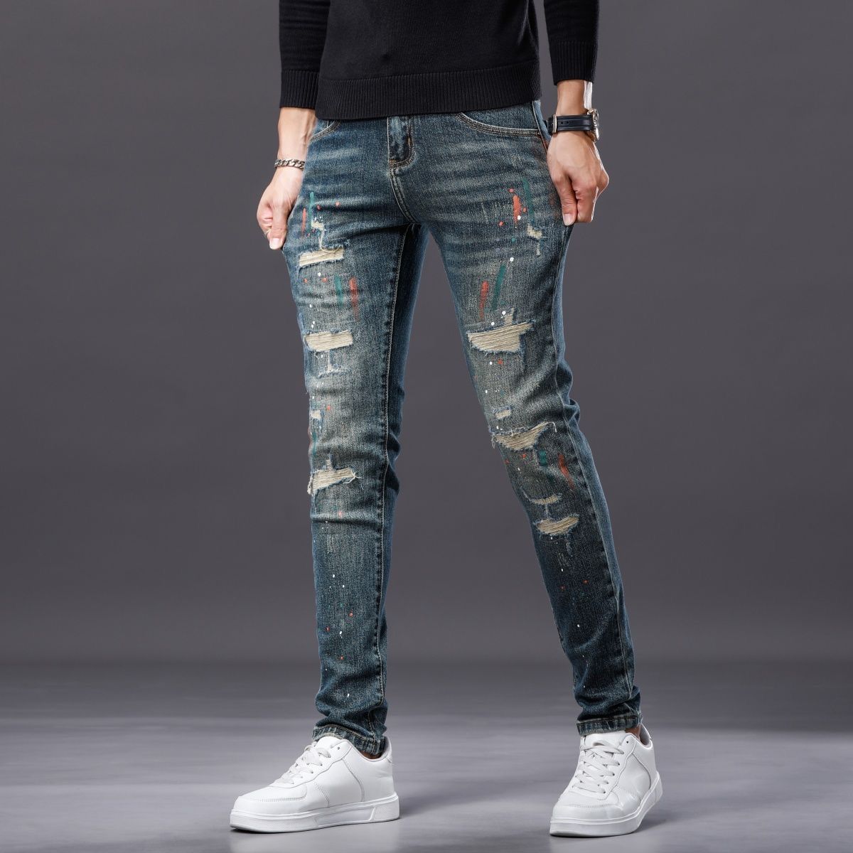 欧洲站泼墨牛仔裤男春秋新款潮牌弹力修身小脚复古补丁休闲长裤子