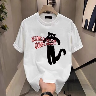 吹笛子的猫直喷印花T恤复古vintagetee男女宽松休闲短袖tshirt