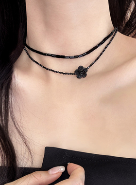 黑玫瑰花串珠双层项链锁骨链女小众设计时尚复古黑玛瑙choker配饰