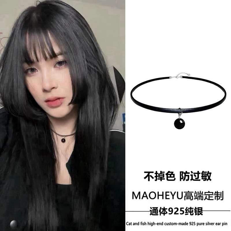 S925纯银天然黑曜石皮绳项圈choker颈链博主网红同款项链2025新款