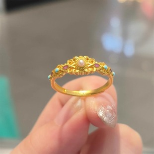 古法金色宫廷风韶金珠落戒指女百搭气质优雅在逃公主设计感食指环