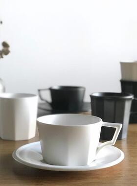 简约日系黑白亚光磨砂素色陶瓷杯马克杯咖啡杯杯碟套装
