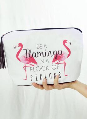 包邮出口火烈鸟flamingo大号化妆包帆布包贝壳流苏粉色少女心ins