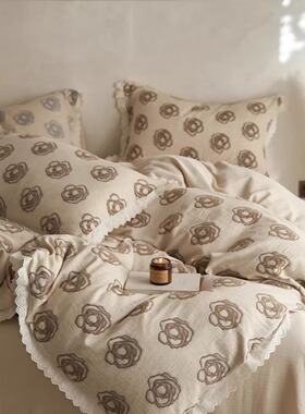 法式棉麻白色花边四件套柔软透气床单玫瑰提花被套床笠床上用品