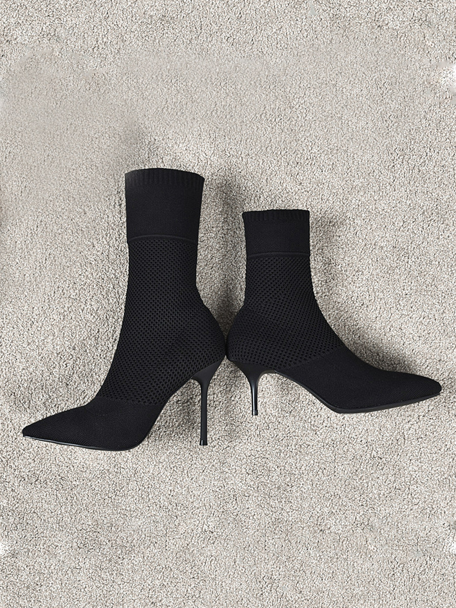 NET RED SOCK BOOTS 2024 AUTUMN AND WINTER SINGLE BOOTS POINTED TOE STILETTO HEELS WOOLEN MID-TUBE SKINNY BOOTS EUROPEAN AND AMERICAN BOOTIES