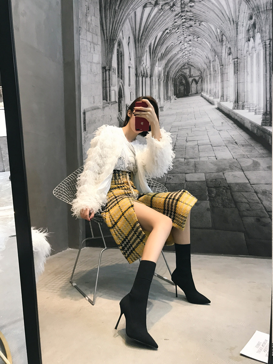 NET RED SOCK BOOTS 2024 AUTUMN AND WINTER SINGLE BOOTS POINTED TOE STILETTO HEELS WOOLEN MID-TUBE SKINNY BOOTS EUROPEAN AND AMERICAN BOOTIES