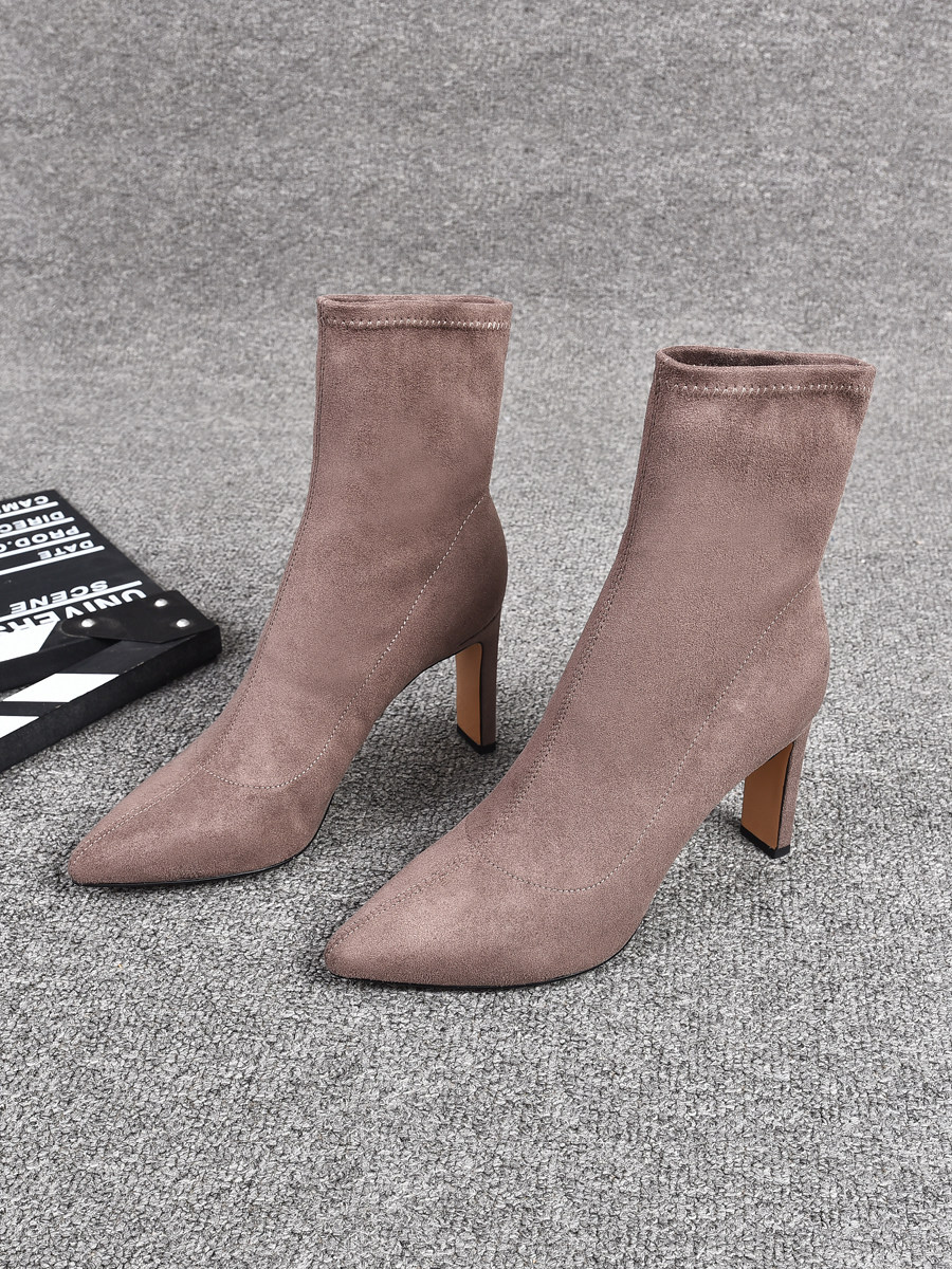 SLIM BLACK SKINNY LEG STRETCH BOOTS WOMENS SOCKS BOOTS FALL|WINTER 2024 VELVET FLAT HEEL FASHION POINTED-TOE HIGH HEEL BOOTIES