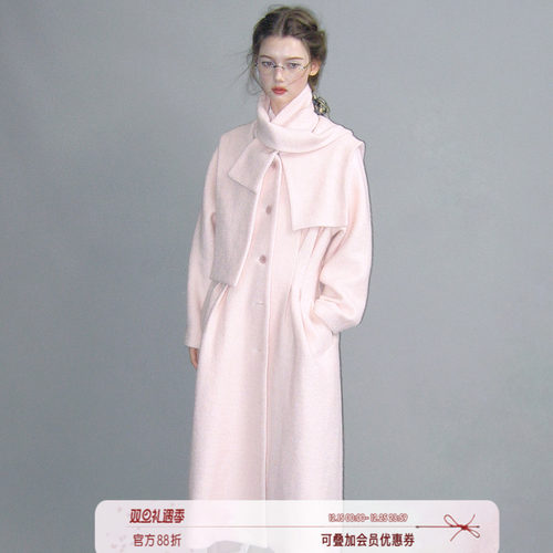 俗集原创设计感粉色羊毛大衣外套