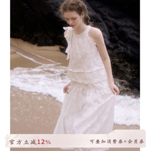 【周也同款】俗集原创法式烧花白色挂脖连衣裙女夏季裙子长裙新款