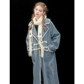 俗集原创 学院风复古做旧牛仔外套风衣牛角扣设计感秋冬长款 大衣