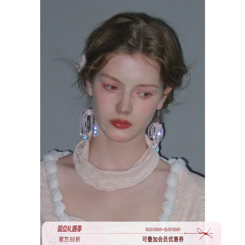 俗集原创 2025AW-2 流苏设计粉色蝴蝶结/白色珍珠串珠耳环