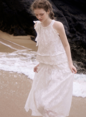 【周也同款】俗集原创法式烧花白色挂脖连衣裙女夏季裙子长裙新款