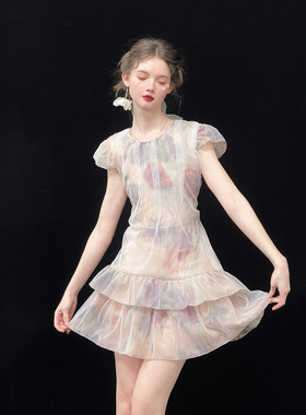 俗集原创 油画小飞袖小众设计收腰别致连衣裙新款女夏季