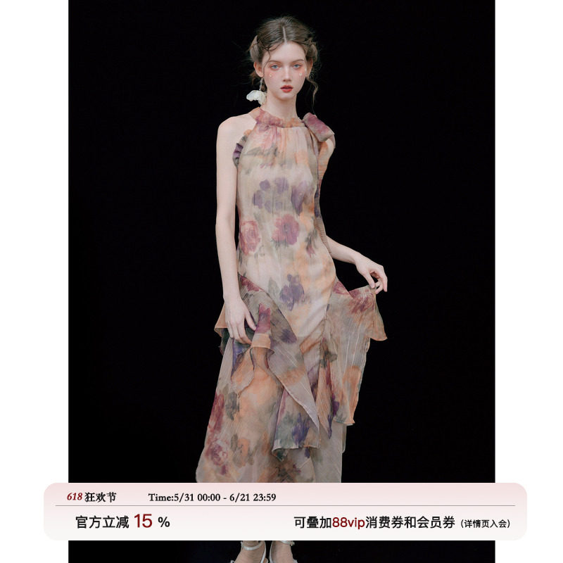 俗集原创设计 印花油画艺术生背心无袖挂脖连衣裙女夏长裙