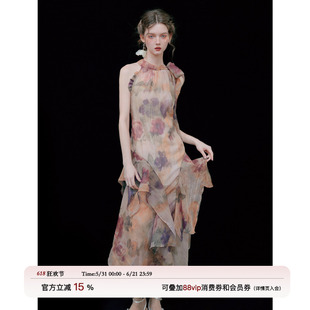 俗集原创设计 印花油画艺术生背心无袖挂脖连衣裙女夏长裙