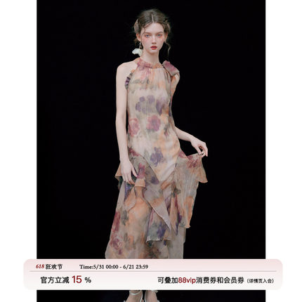俗集原创设计 印花油画艺术生背心无袖挂脖连衣裙女夏长裙
