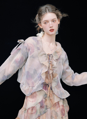 俗集原创 长袖开衫设计感独特油画印花衬衫薄款防晒外套上衣