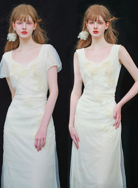 俗集原创2025ss-3新品 “晨雾花序”无袖/有袖花朵连衣裙收腰裙子