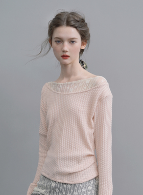 俗集原创 粉色/绿色 蕾丝肌理感修身显瘦内搭针织上衣女装早秋