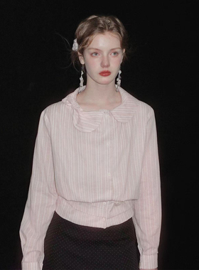 俗集原创 2025AW-2  腰封式减龄粉色/咖色设计感娃娃领上衣衬衣