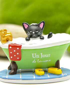 卡通创意立体树脂浴缸泡澡黑猫园艺多肉花插插件居家装饰