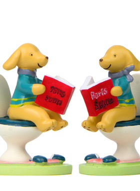 卡通创意立体树脂坐马桶看书小狗园艺多肉花插插件居家装饰