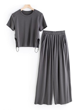 亲肤针织两件套~镂空衣摆短袖T恤+高腰休闲裤套装女H36743