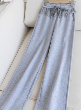 时尚百搭高腰显瘦休闲裤 抽绳蕾丝花边阔腿裤女U10953