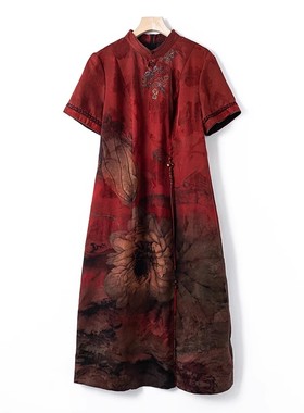 机器刺绣闪亮烫钻立领改良式旗袍真丝连衣裙女F05413