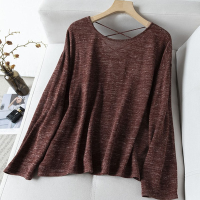 交叉美背设计~亲肤幻彩纱亚麻宽松显瘦圆领长袖薄款针织衫M02952