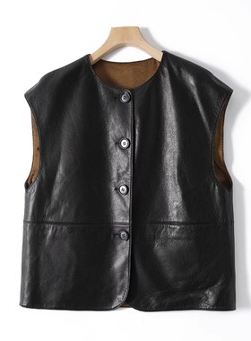 实穿百搭！山羊皮仿鹿纹 圆领无袖直筒背心马甲 P00336