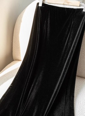 2025新款丝绒小众高腰显瘦木耳边后开叉气质半身裙J05343