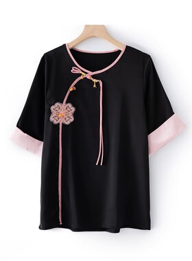 新中式衬衫 包边圆领斜襟设计短袖宽松缎面上衣 C05748