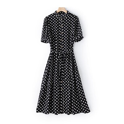 清凉透气桑蚕丝！复古黑白印花立领中长款系腰真丝连衣裙F13413