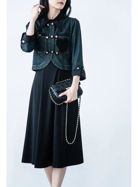 丹宁风！短款翻领牛仔外套+无袖中长款连衣裙套装H09643